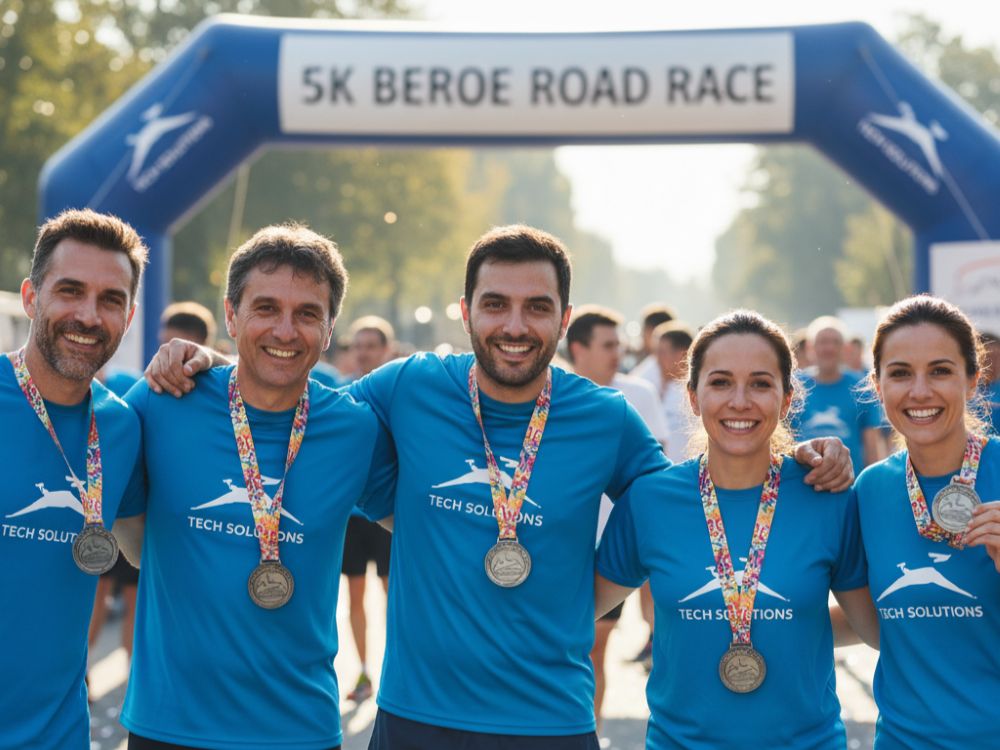 Отбор от фирма позира с медали след участие във фирменото бягане на Beroe Road Race