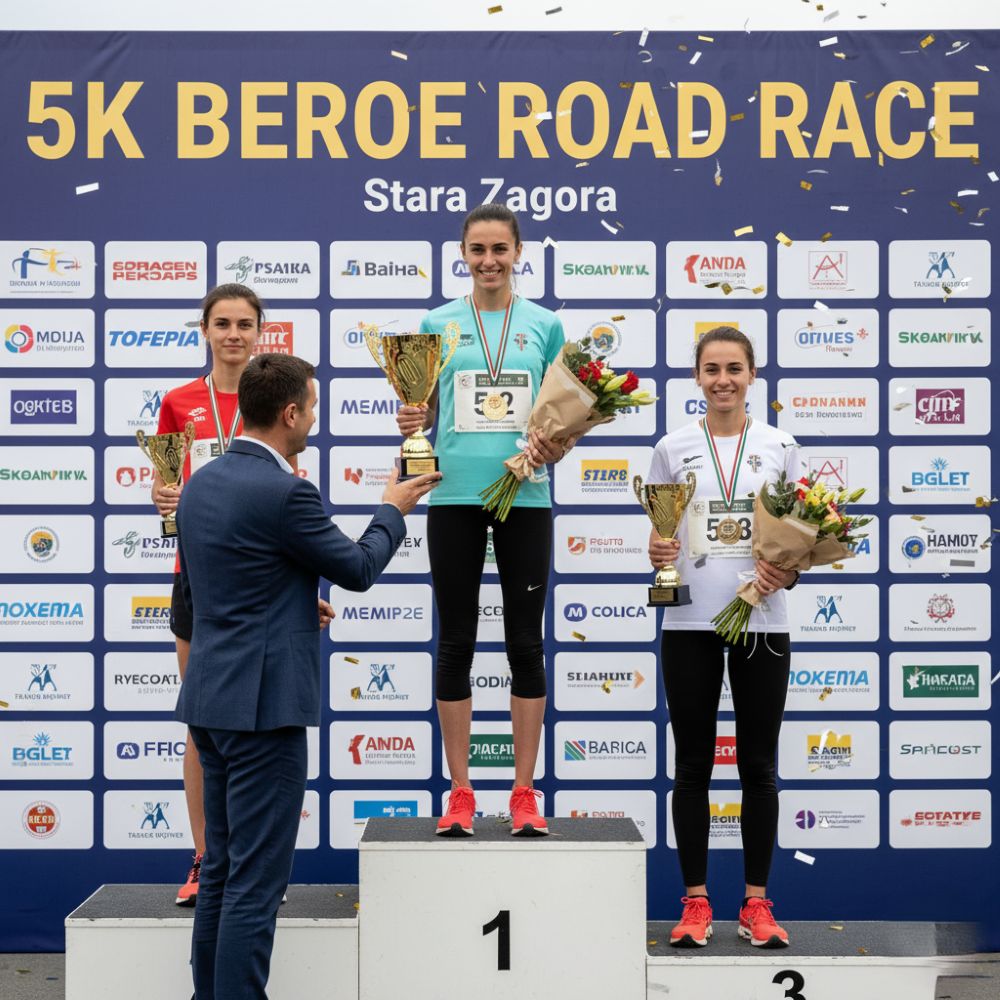 Шампионките на Beroe Run 2024 с купи и медали Награждаване на победителките на почетната стълбичка на Beroe Road Race 2024