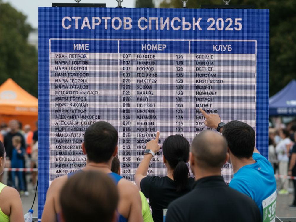 Участници проверяват имената и стартовите си номера на голямо информационно табло преди Beroe Road Race