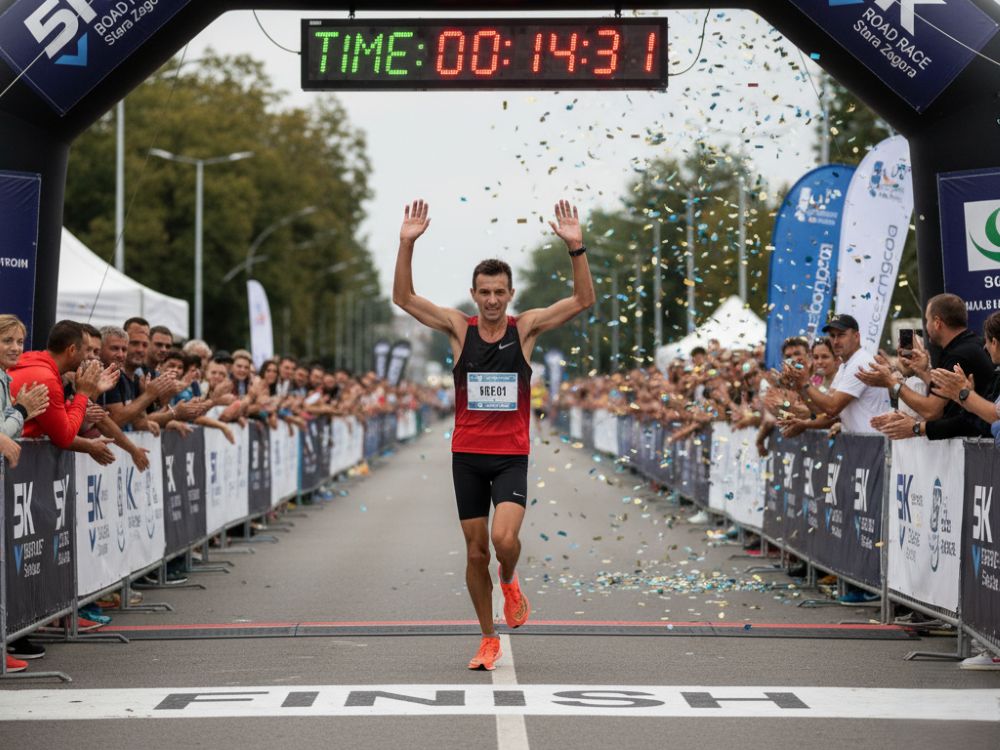 Триумф на финала на 5К Beroe Road Race 2024 Победителят в Beroe Road Race пресича финалната линия с вдигнати ръце пред дигитално табло с времето му
